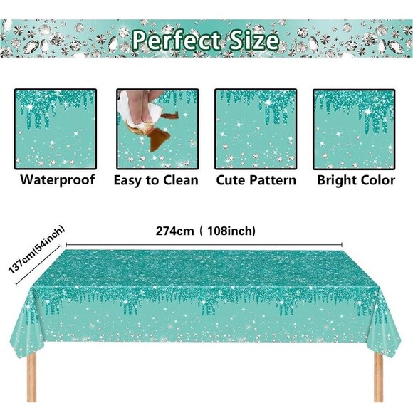 XCKALI Teal Blue Birthday Backdrop and Tablecloth Kit Glitter Teal Blue Diamond - Picture 3 of 6